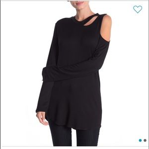 Go Couture black split-neck, one-shoulder top